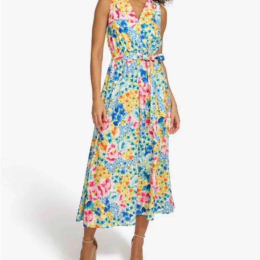 Kensie Yellow and Pink Sleeveless Maxi Dress V-neck Sundress